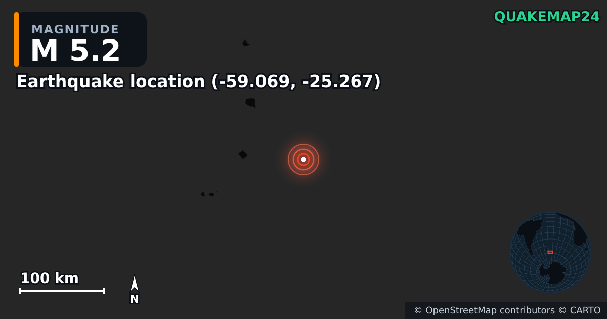 M5.2 earthquake near Deprem konumu (-59.069, -25.267) on Feb 16, 2026 — map of epicenter and shaking intensity | QuakeMap24