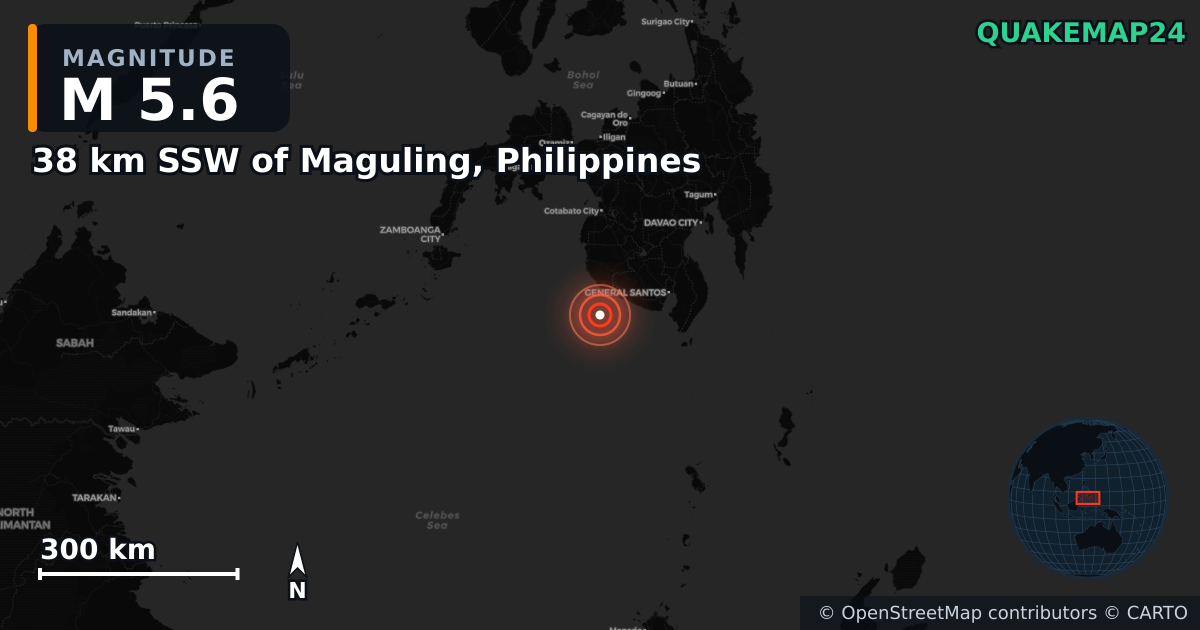 M5.6 earthquake near 38 km SSW of Maguling, Philippines on Apr 15, 2025 — map of epicenter and shaking intensity | QuakeMap24