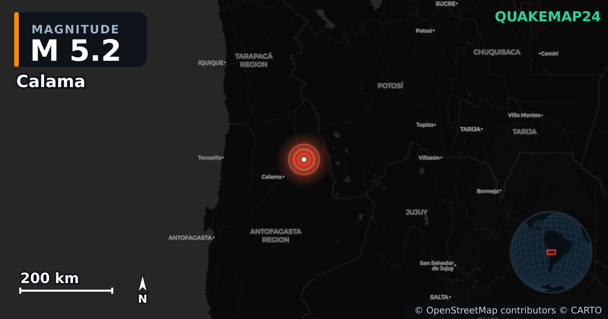 M5.2 earthquake near Calama on Jul 24, 2025 — map of epicenter and shaking intensity | QuakeMap24