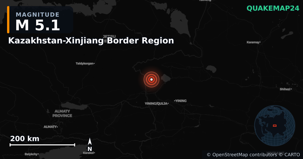 Erdbeben M5,1 bei Kazakhstan-Xinjiang Border Region — Karte der Lage des Epizentrums