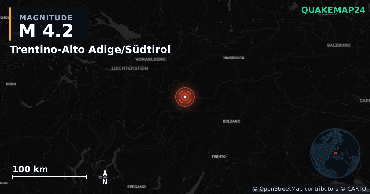 M4.2 earthquake near Trentino-Alto Adige/Südtirol on Sep 2, 2025 — map of epicenter and shaking intensity | QuakeMap24