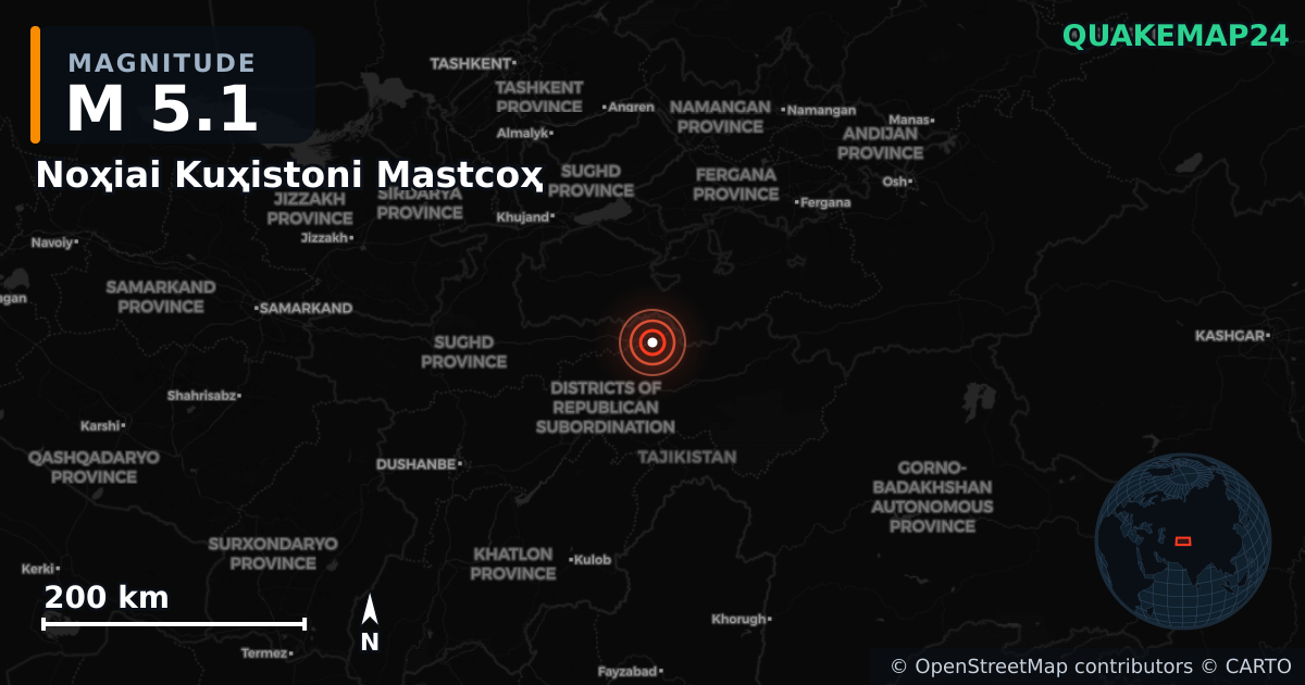 M5.1 earthquake near Noҳiai Kuҳistoni Mastcoҳ on Dec 21, 2025 — map of epicenter and shaking intensity | QuakeMap24