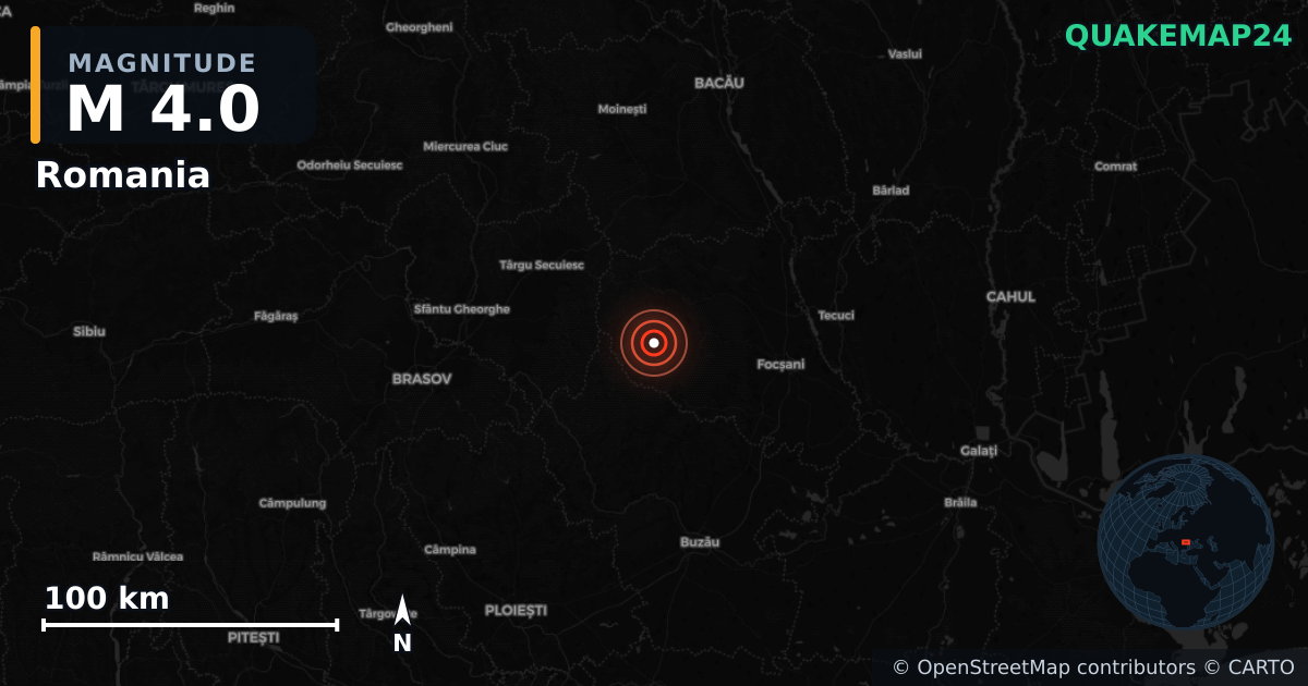 M4.0 earthquake near Romania on May 11, 2025 — map of epicenter and shaking intensity | QuakeMap24