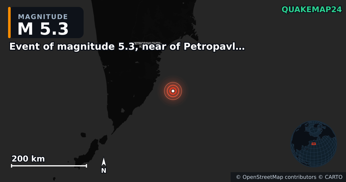 M5.3 earthquake near Event of magnitude 5.3, near of Petropavlovsk Kamchatskiy (Monde) on Sep 22, 2025 — map of epicenter and shaking intensity | QuakeMap24
