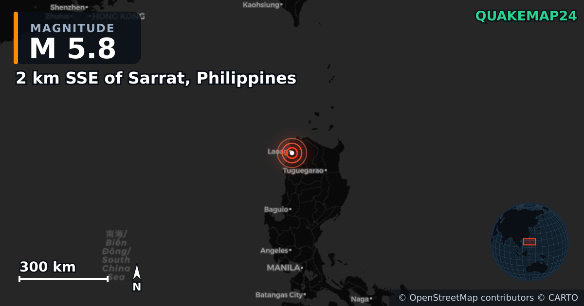 M5.8 earthquake near 2 km SSE of Sarrat, Philippines on Jul 15, 2025 — map of epicenter and shaking intensity | QuakeMap24