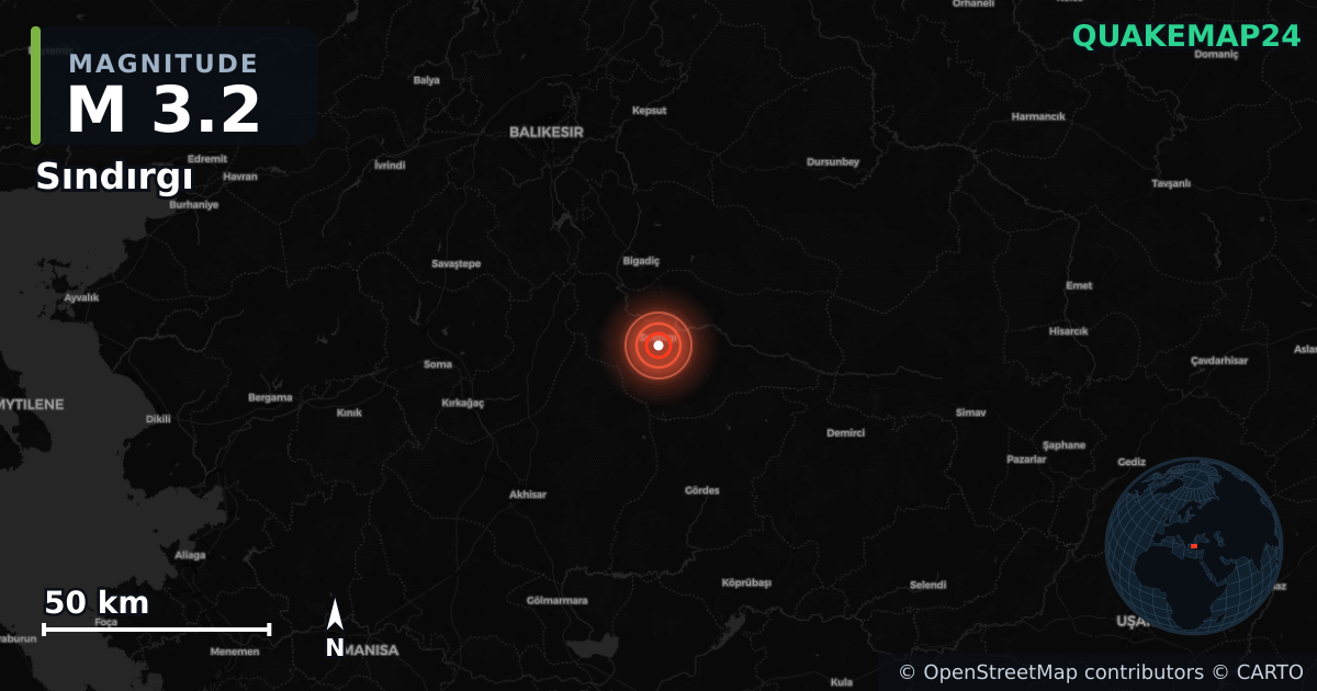 M3.2 earthquake near Sındırgı on Aug 26, 2025 — map of epicenter and shaking intensity | QuakeMap24