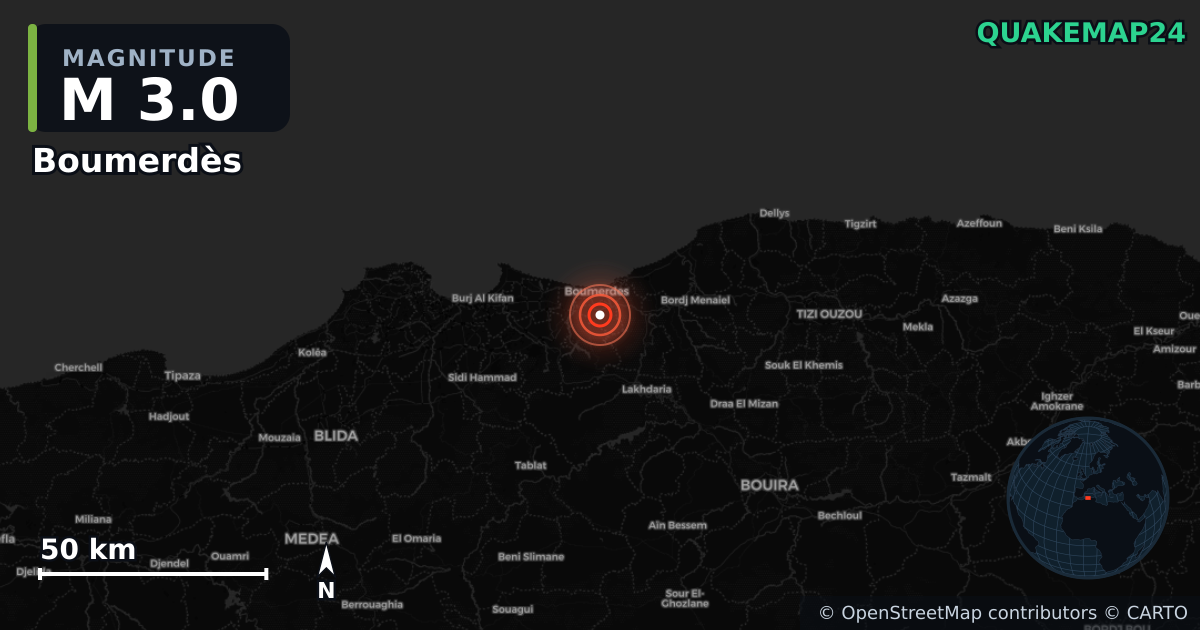 M3.0 earthquake near Boumerdès on Jun 30, 2025 — map of epicenter and shaking intensity | QuakeMap24
