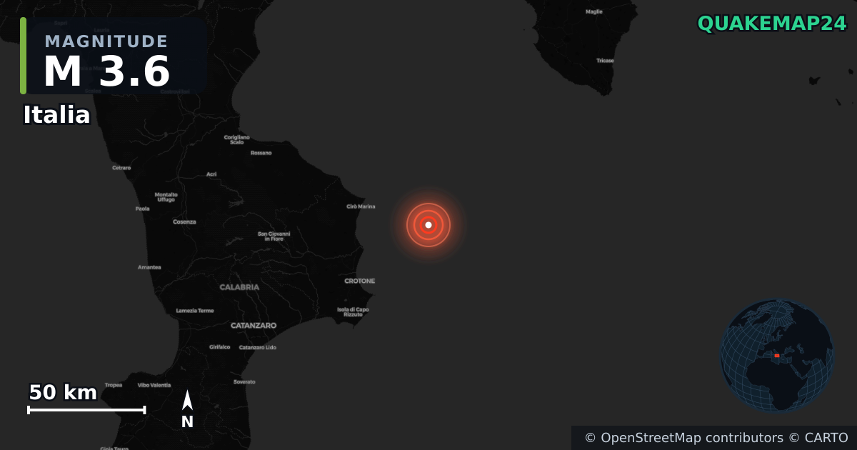 M3.6 earthquake near Italia on Jan 4, 2026 — map of epicenter and shaking intensity | QuakeMap24