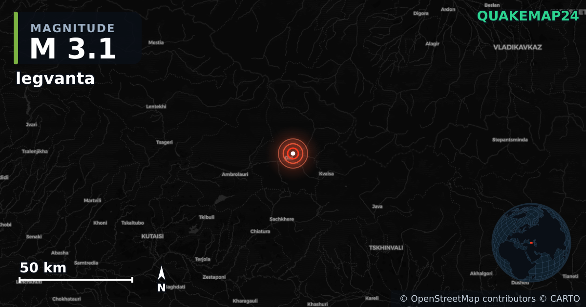 M3.1 earthquake near legvanta on Jan 8, 2026 — map of epicenter and shaking intensity | QuakeMap24