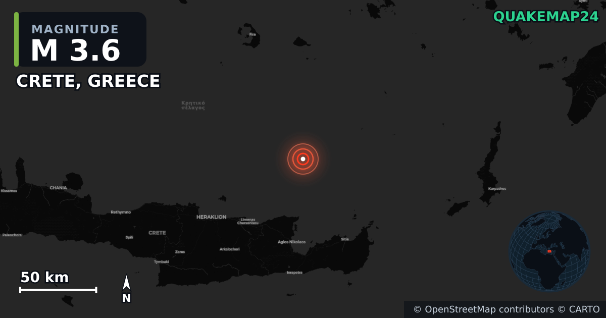 M3.6 earthquake near CRETE, GREECE on May 22, 2025 — map of epicenter and shaking intensity | QuakeMap24