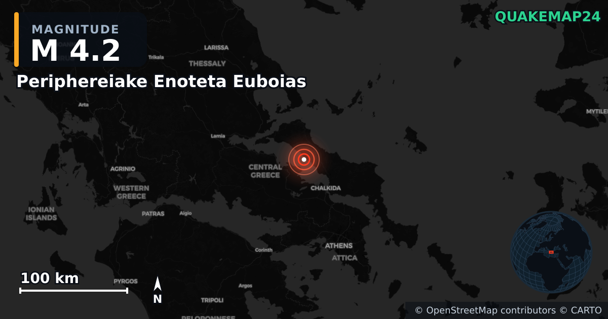 M4.2 earthquake near Periphereiake Enoteta Euboias on Jun 8, 2026 — map of epicenter and shaking intensity | QuakeMap24