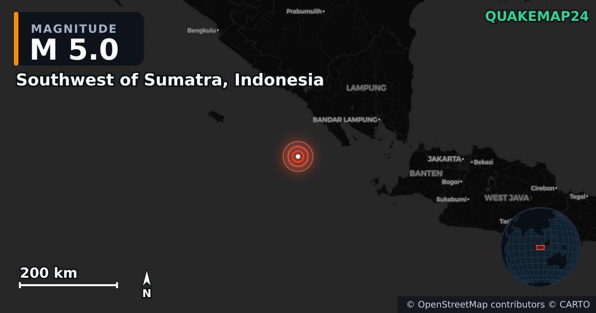 Erdbeben M5,0 bei Southwest of Sumatra, Indonesia — Karte der Lage des Epizentrums