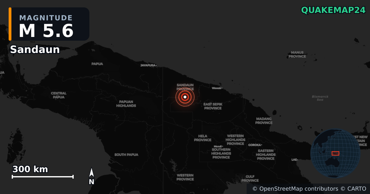 M5.6 earthquake near Sandaun on Jul 6, 2025 — map of epicenter and shaking intensity | QuakeMap24