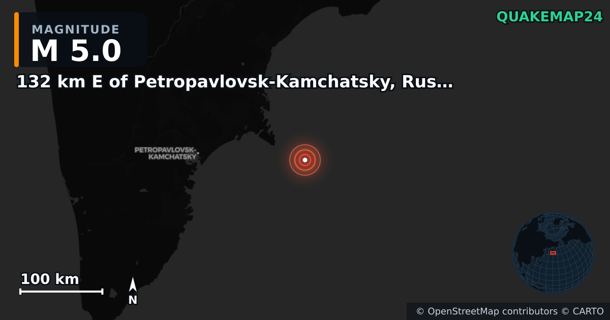 M5.0 earthquake near 132 km E of Petropavlovsk-Kamchatsky, Russia on Jul 20, 2025 — map of epicenter and shaking intensity | QuakeMap24