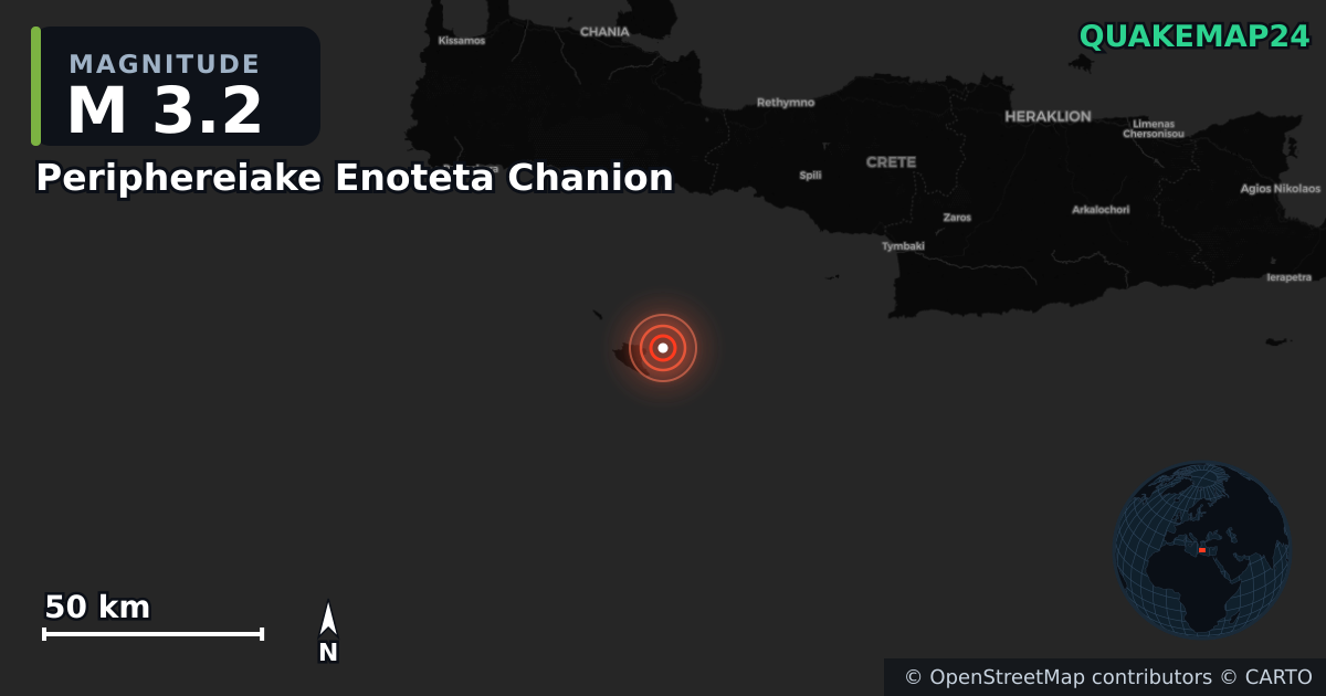 M3.2 earthquake near Periphereiake Enoteta Chanion on Apr 22, 2026 — map of epicenter and shaking intensity | QuakeMap24