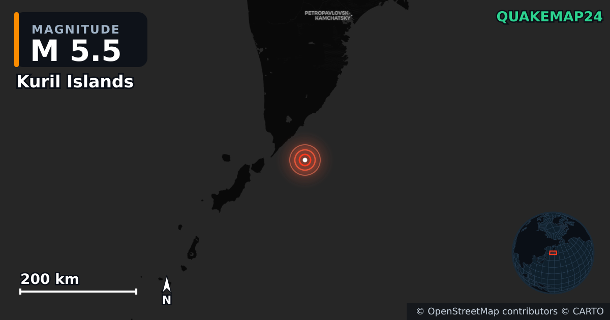 M5.5 earthquake near Kuril Islands on Aug 23, 2025 — map of epicenter and shaking intensity | QuakeMap24