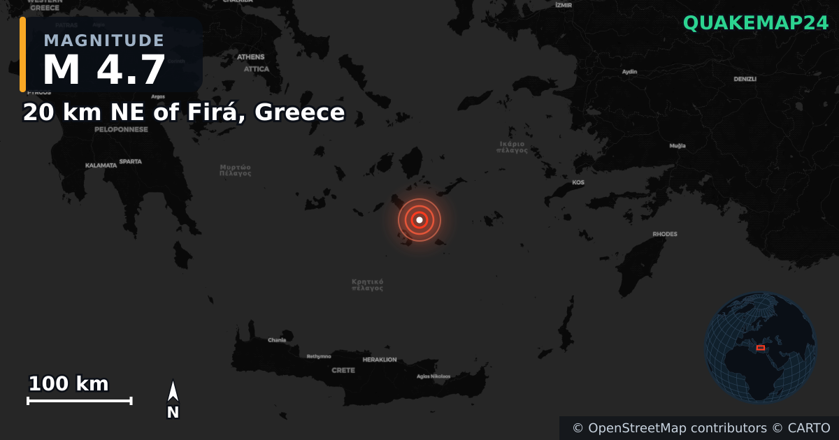 M4.7 earthquake near 20 km NE of Firá, Greece on Feb 4, 2025 — map of epicenter and shaking intensity | QuakeMap24