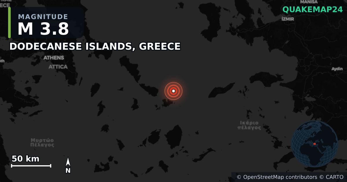 M3.8 earthquake near DODECANESE ISLANDS, GREECE on Sep 9, 2025 — map of epicenter and shaking intensity | QuakeMap24