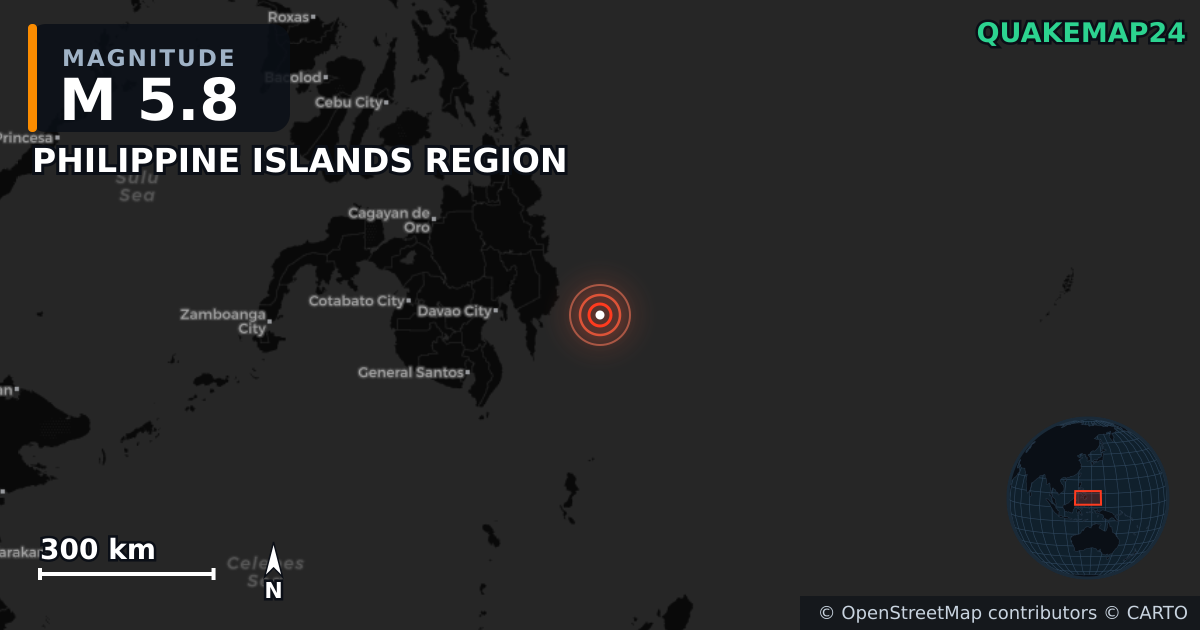 Terremoto de M5,8 cerca de PHILIPPINE ISLANDS REGION — Mapa de la ubicación del epicentro
