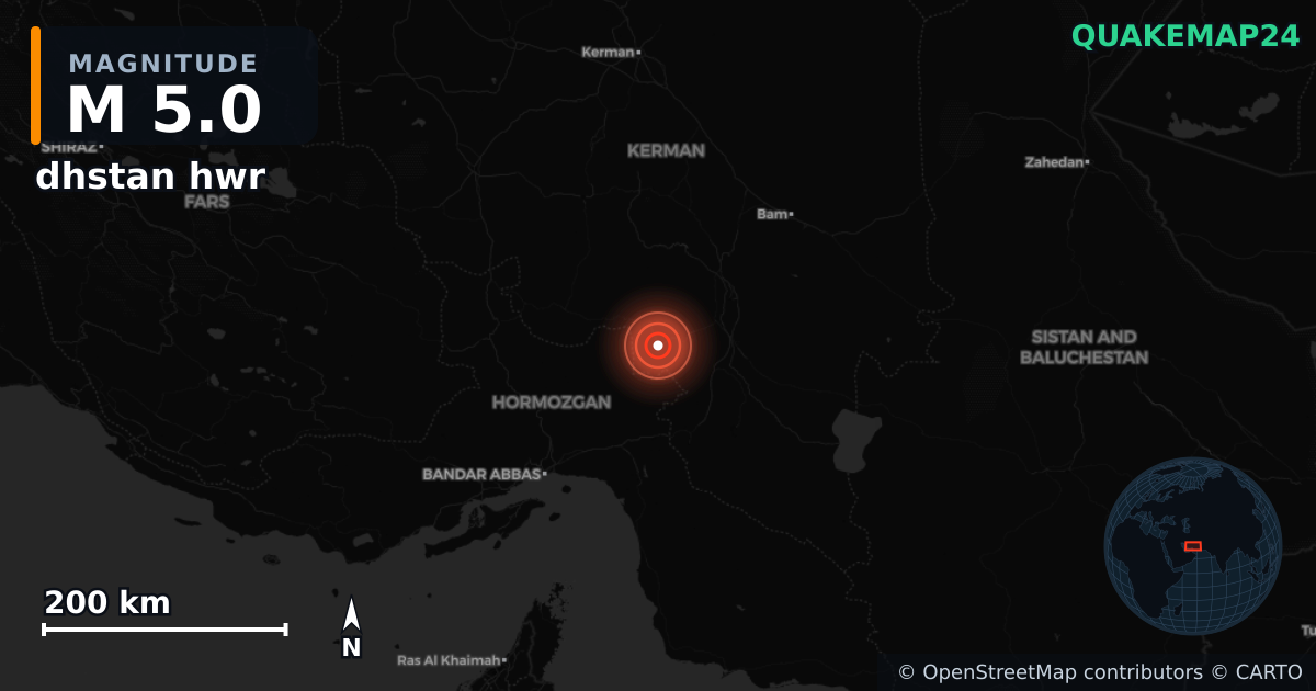 M5.0 earthquake near dhstan hwr on Jan 22, 2026 — map of epicenter and shaking intensity | QuakeMap24