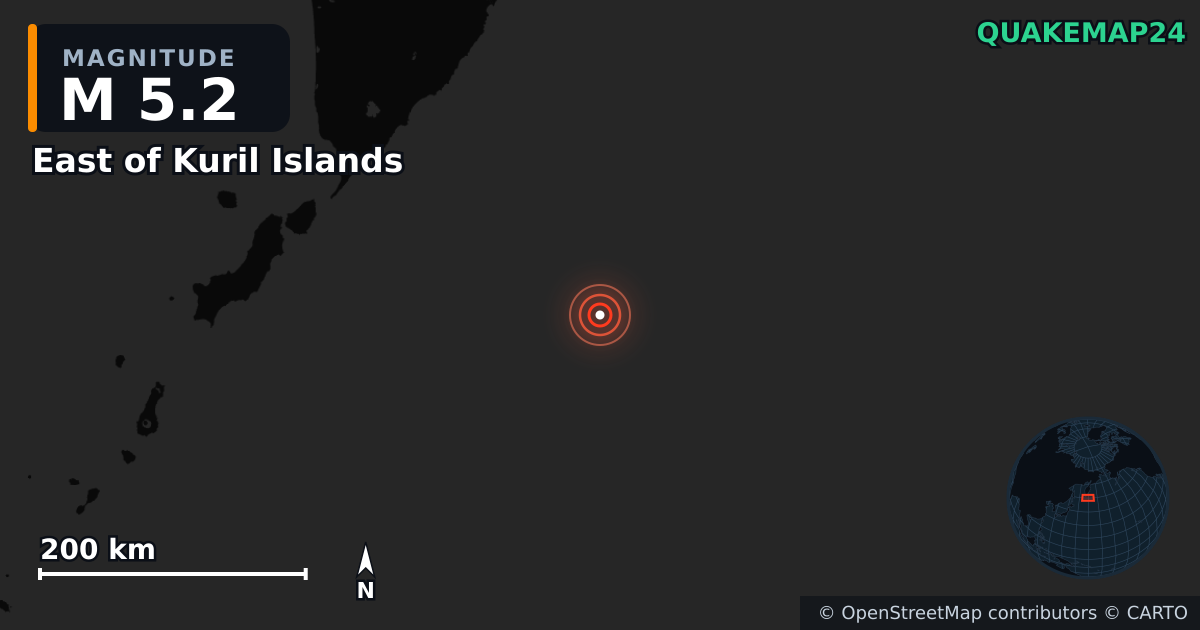 Erdbeben M5,2 bei East of Kuril Islands — Karte der Lage des Epizentrums
