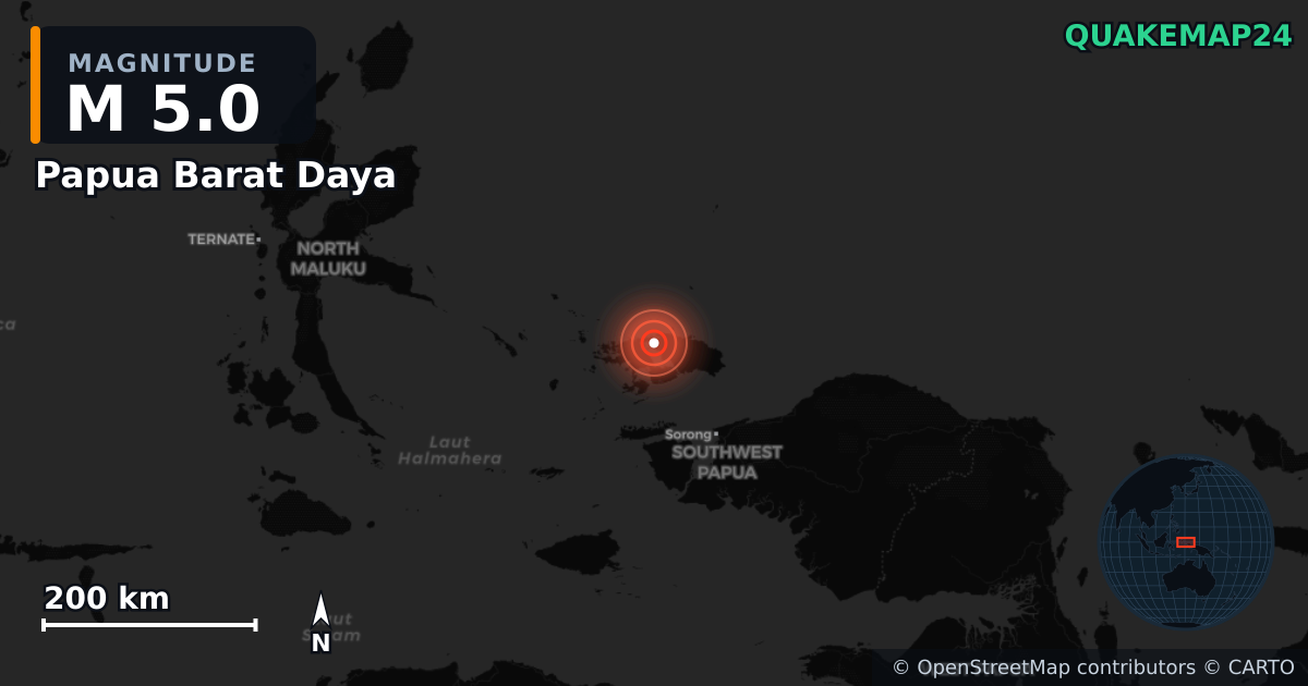 M5.0 earthquake near Papua Barat Daya on Jul 7, 2025 — map of epicenter and shaking intensity | QuakeMap24