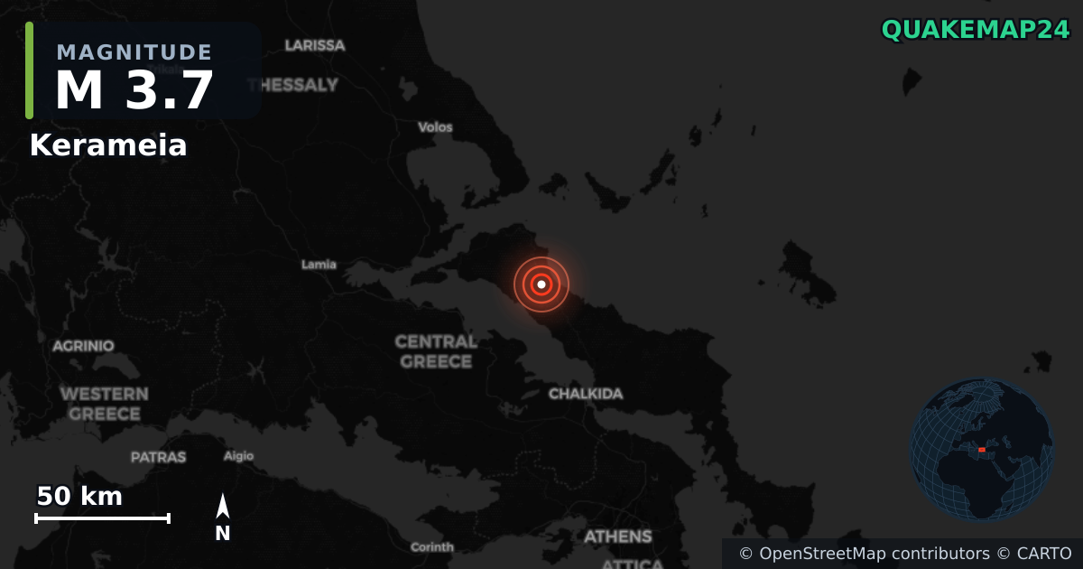 M3.7 earthquake near Kerameia on Jun 10, 2026 — map of epicenter and shaking intensity | QuakeMap24