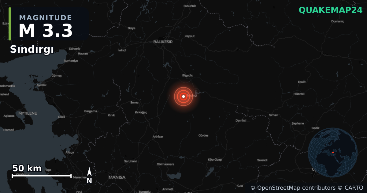 Terremoto de M3,3 cerca de WESTERN TURKEY (Turquía) · 2025-11-27 — Mapa de la ubicación del epicentro