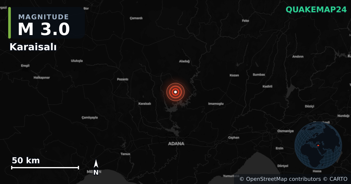 M3.0 earthquake near Karaisalı on Oct 26, 2025 — map of epicenter and shaking intensity | QuakeMap24