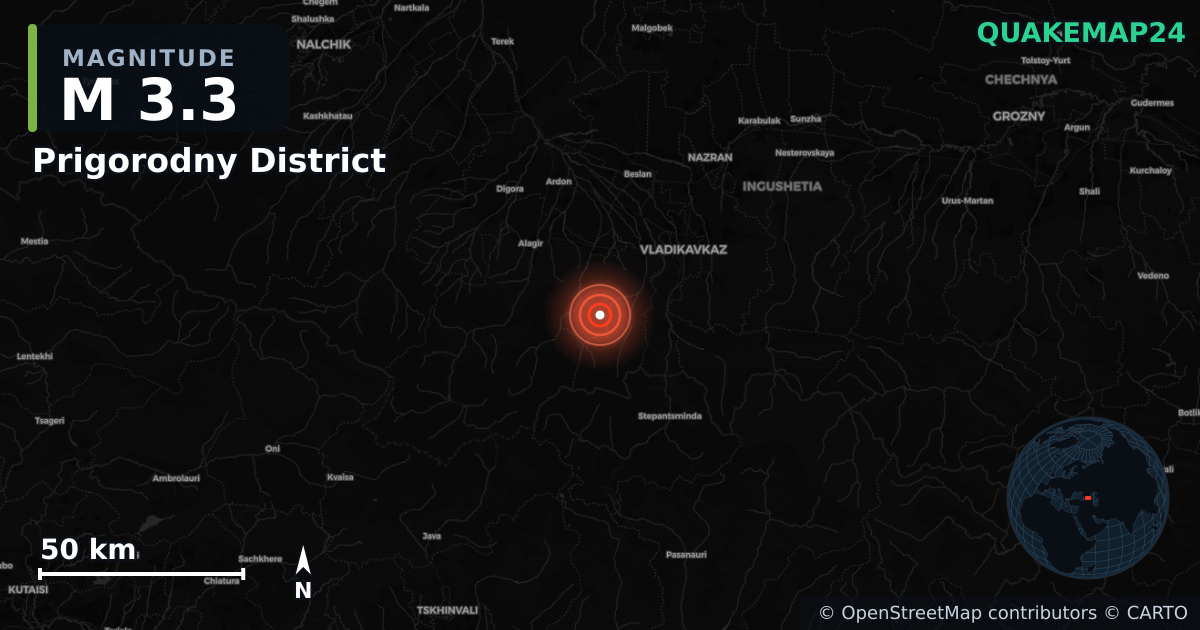 Erdbeben M3,3 bei Prigorodny District, Republic of North Ossetia – Alania (Russland) · 2026-09-07 — Karte der Lage des Epizentrums