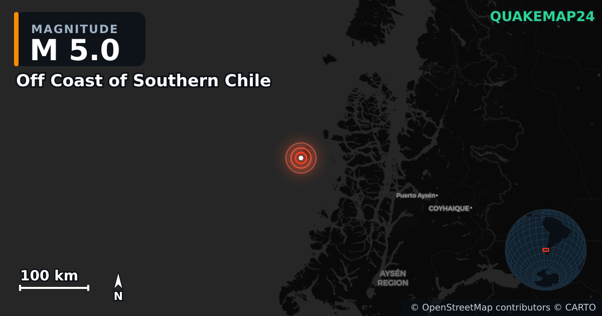 Terremoto de M5,0 cerca de Off Coast of Southern Chile — Mapa de la ubicación del epicentro