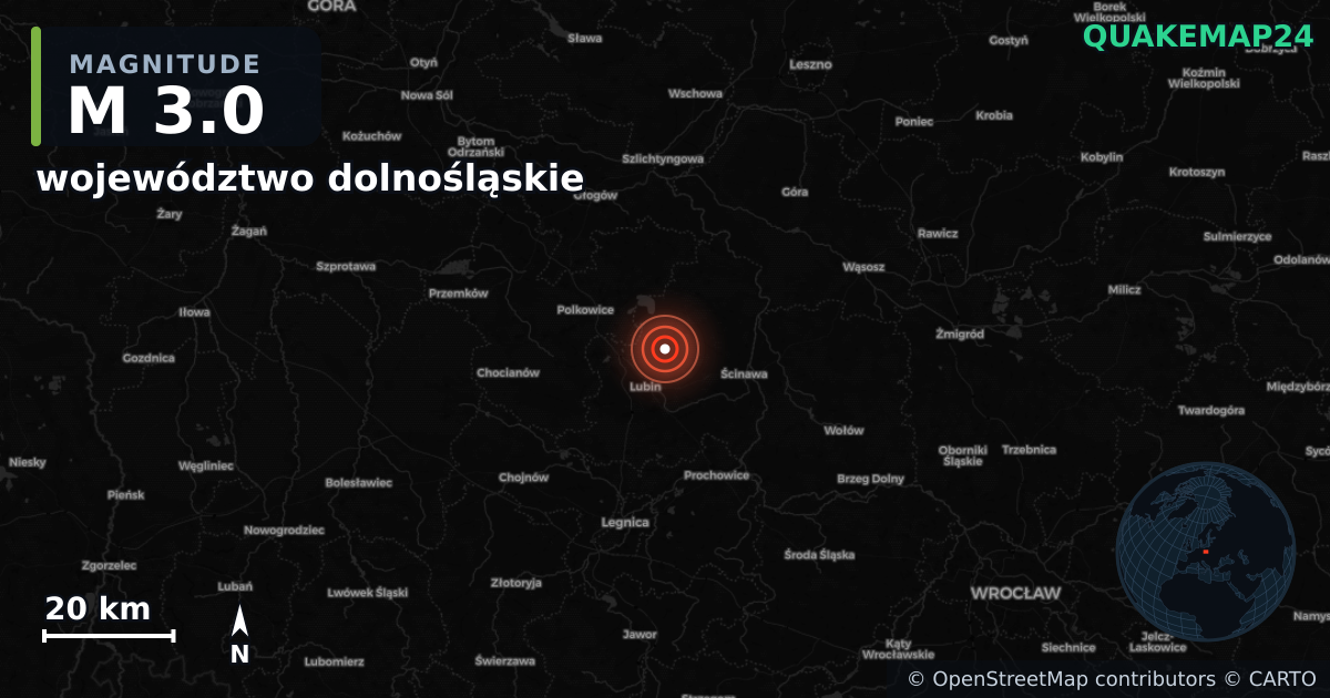 M3.0 earthquake near województwo dolnośląskie on Aug 19, 2025 — map of epicenter and shaking intensity | QuakeMap24