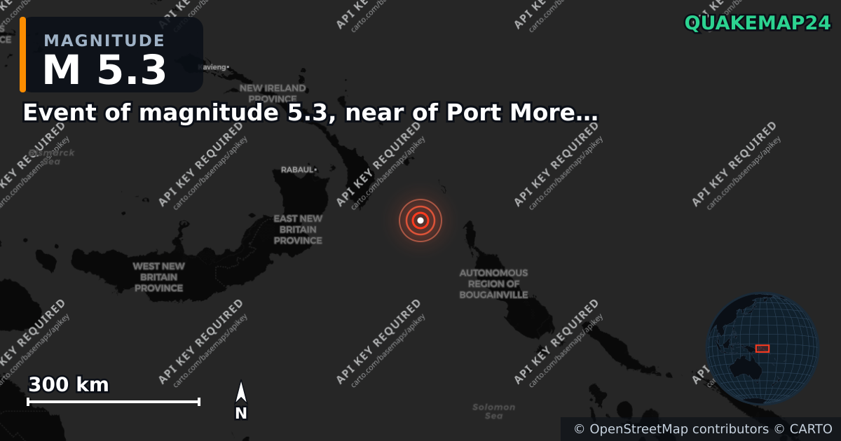 M5.3 earthquake near Event of magnitude 5.3, near of Port Moresby (Monde) on Apr 13, 2026 — map of epicenter and shaking intensity | QuakeMap24