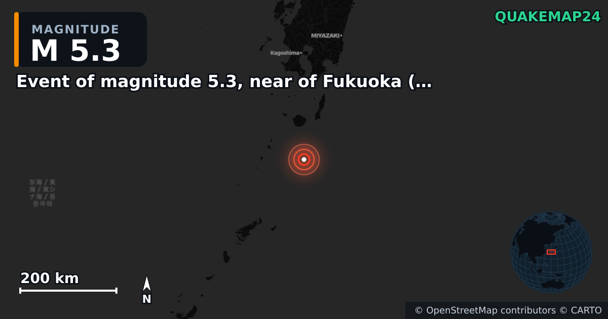 M5.3 earthquake near Event of magnitude 5.3, near of Fukuoka (Monde) on Mar 21, 2026 — map of epicenter and shaking intensity | QuakeMap24