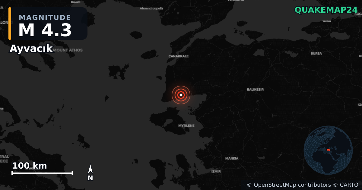 M4.3 earthquake near Ayvacık on Oct 2, 2025 — map of epicenter and shaking intensity | QuakeMap24