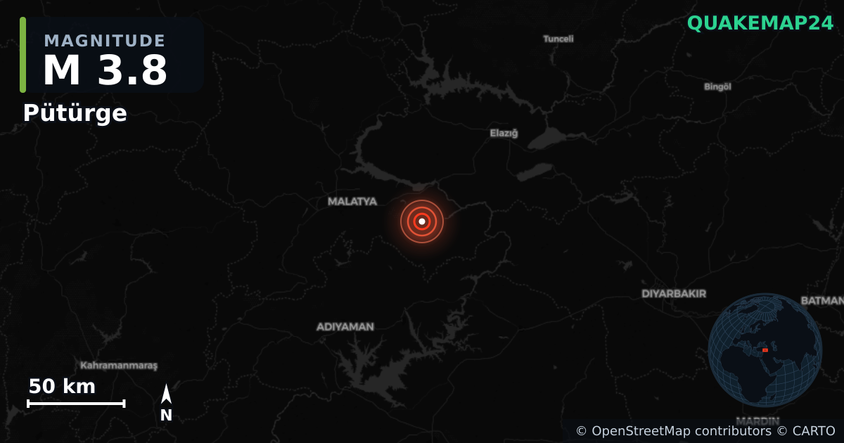 M3.8 earthquake near Pütürge on Jun 14, 2025 — map of epicenter and shaking intensity | QuakeMap24