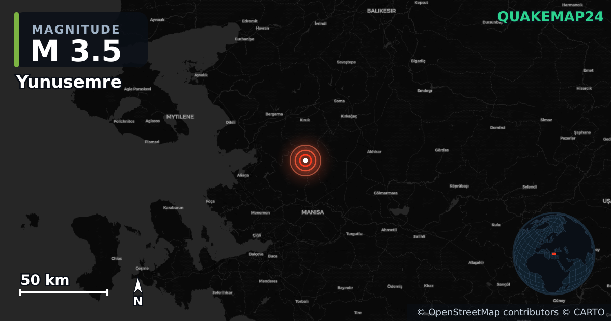 M3.5 earthquake near Yunusemre on Jan 21, 2026 — map of epicenter and shaking intensity | QuakeMap24