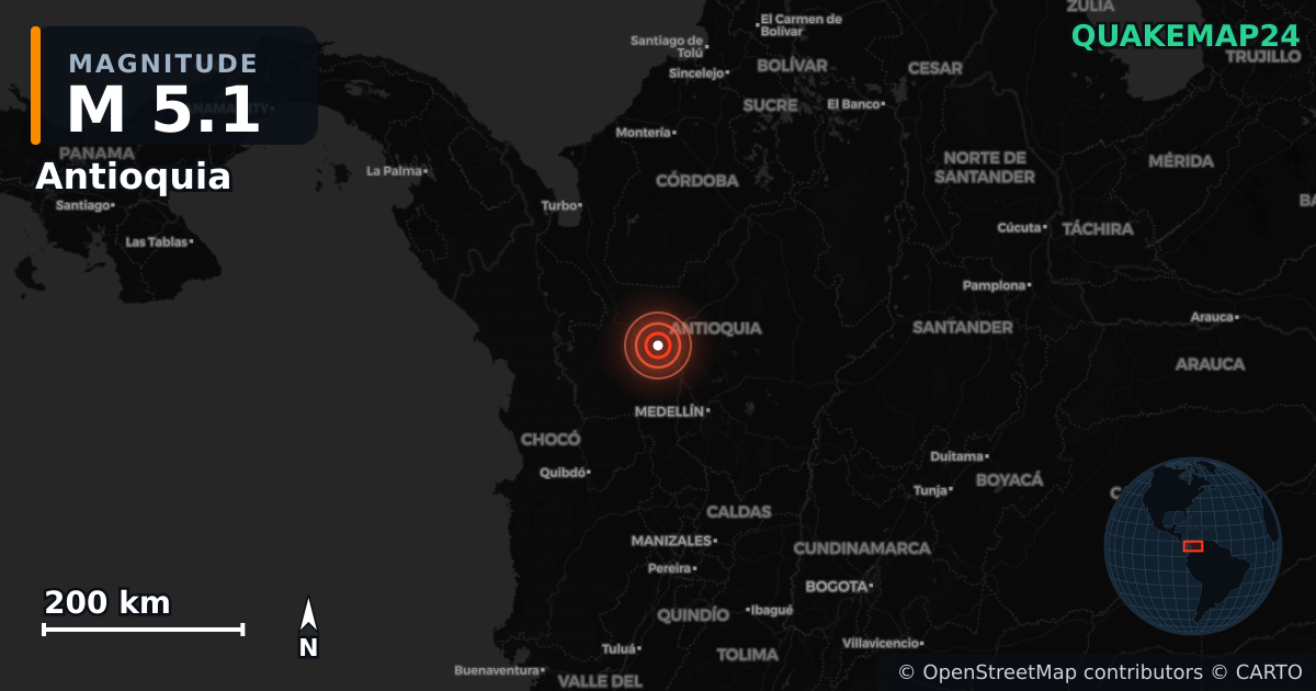 M5.1 earthquake near Antioquia on Sep 14, 2025 — map of epicenter and shaking intensity | QuakeMap24