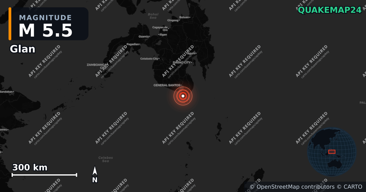 M5.5 earthquake near Glan on Jun 15, 2026 — map of epicenter and shaking intensity | QuakeMap24