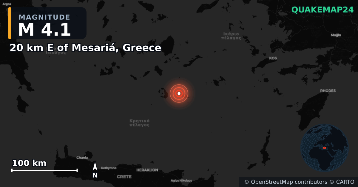 M4.1 earthquake near 20 km E of Mesariá, Greece on Feb 4, 2025 — map of epicenter and shaking intensity | QuakeMap24