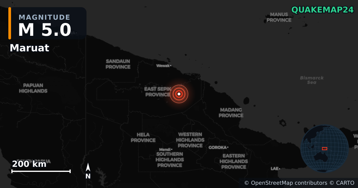 M5.0 earthquake near Maruat on Aug 13, 2026 — map of epicenter and shaking intensity | QuakeMap24