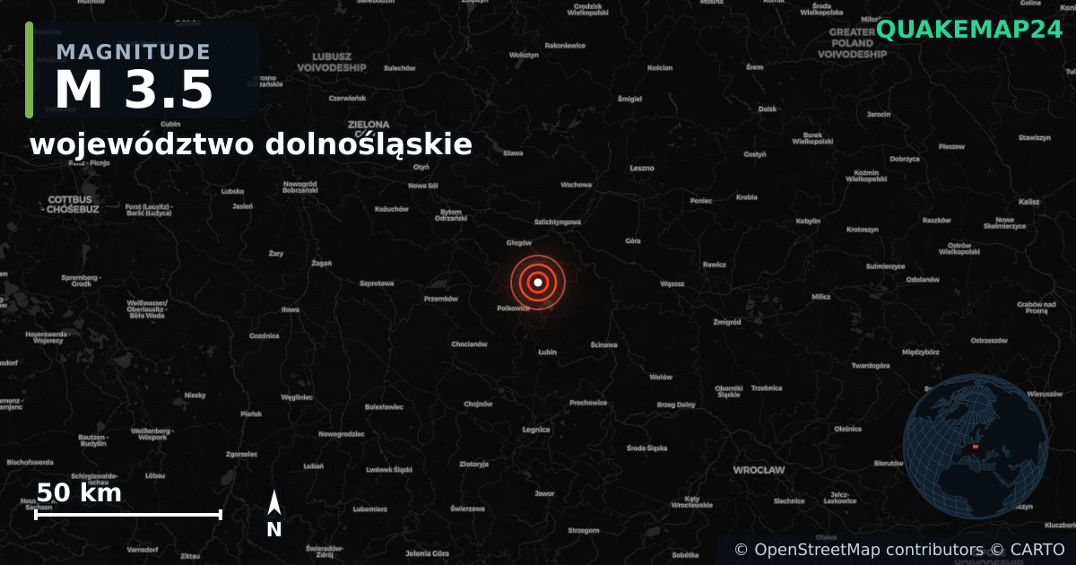 M3.5 earthquake near województwo dolnośląskie on Aug 20, 2025 — map of epicenter and shaking intensity | QuakeMap24