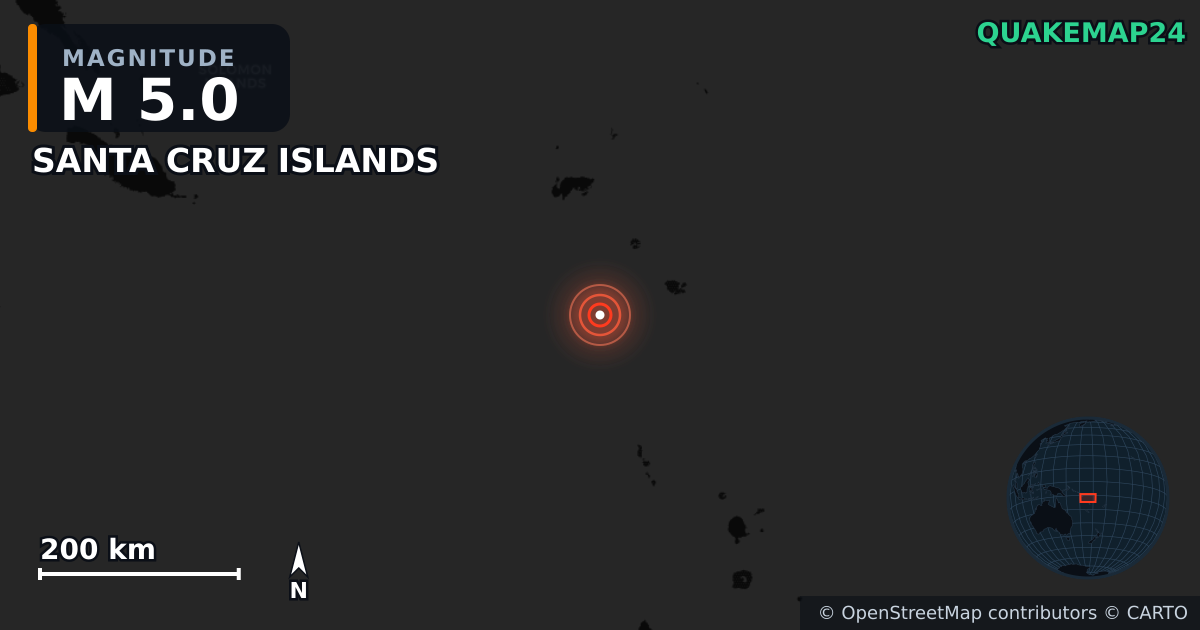 M5.0 earthquake near SANTA CRUZ ISLANDS on Jun 4, 2025 — map of epicenter and shaking intensity | QuakeMap24