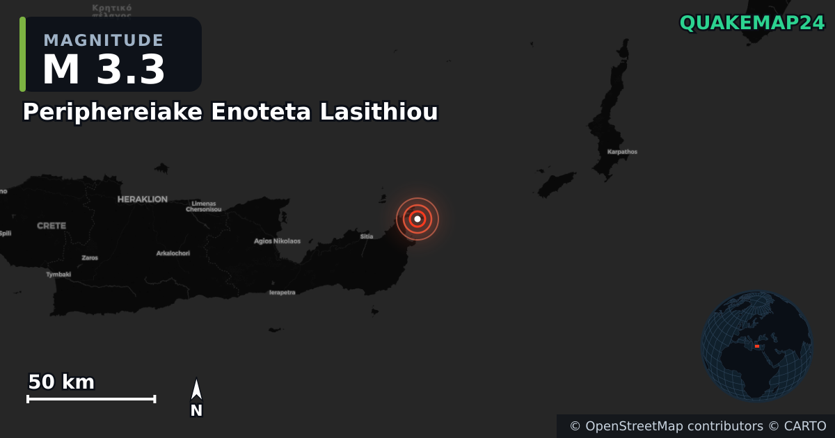 M3.3 earthquake near Periphereiake Enoteta Lasithiou on May 31, 2026 — map of epicenter and shaking intensity | QuakeMap24