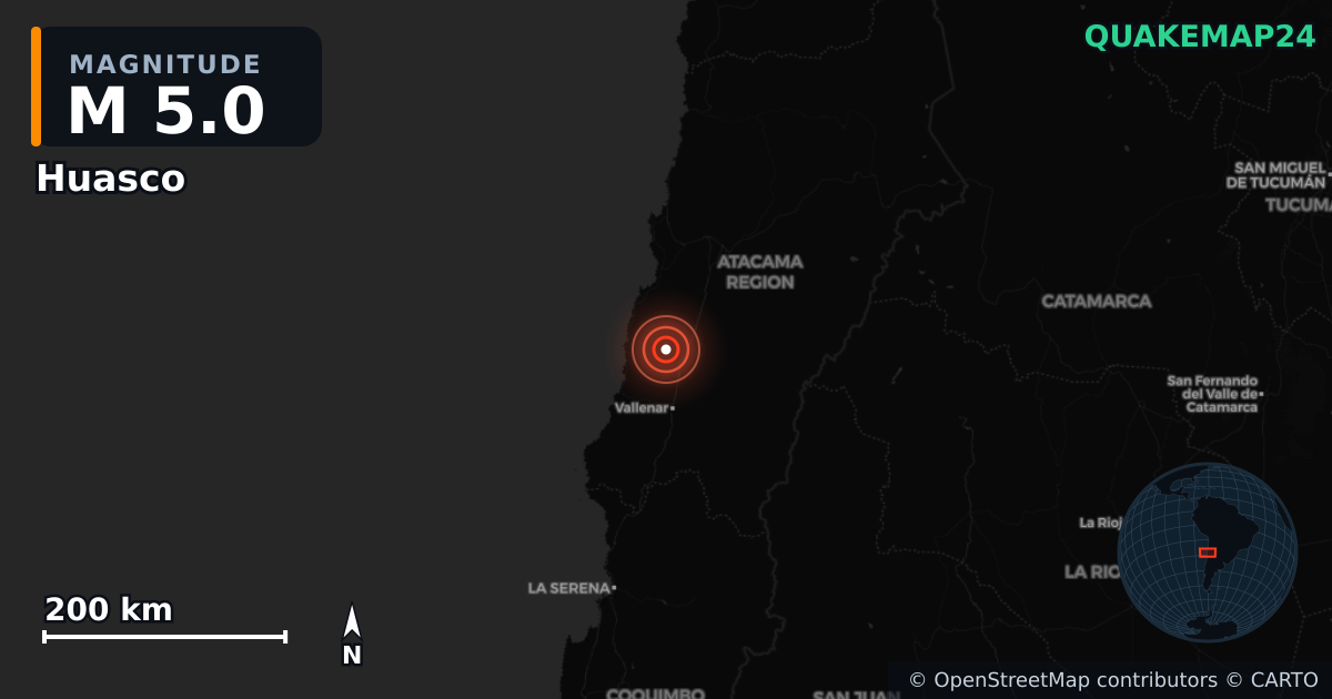 M5.0 earthquake near Huasco on Jul 16, 2025 — map of epicenter and shaking intensity | QuakeMap24