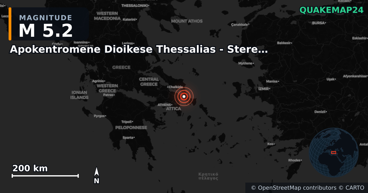 M5.2 earthquake near Apokentromene Dioikese Thessalias - Stereas Ellados on Sep 8, 2025 — map of epicenter and shaking intensity | QuakeMap24