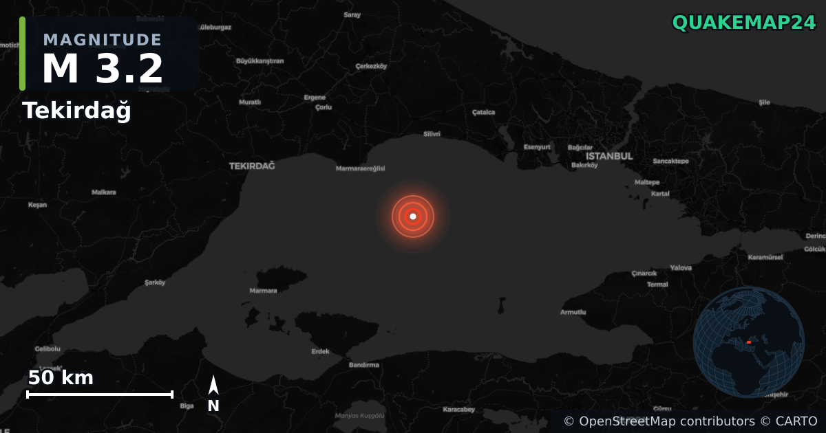 M3.2 earthquake near Tekirdağ on Jul 10, 2026 — map of epicenter and shaking intensity | QuakeMap24