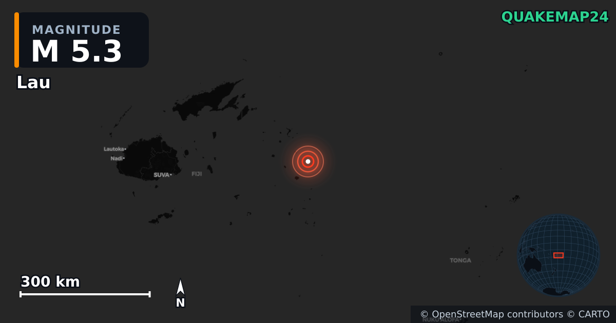 M5.3 earthquake near Lau on Aug 12, 2026 — map of epicenter and shaking intensity | QuakeMap24