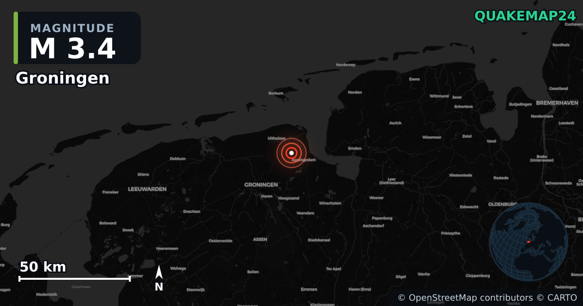 M3.4 earthquake near Groningen on Nov 14, 2025 — map of epicenter and shaking intensity | QuakeMap24
