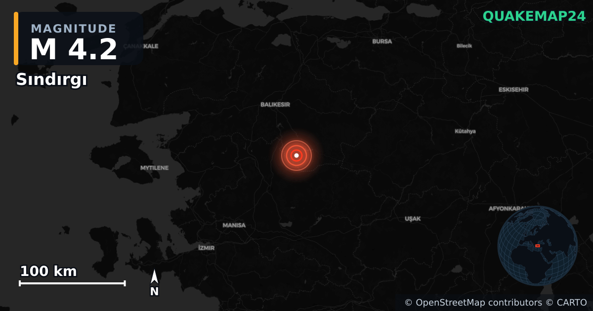 M4.2 earthquake near Sındırgı on Aug 11, 2025 — map of epicenter and shaking intensity | QuakeMap24